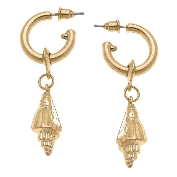 Spiral Shell Drop Hoop Earrings - Picture 1 of 2